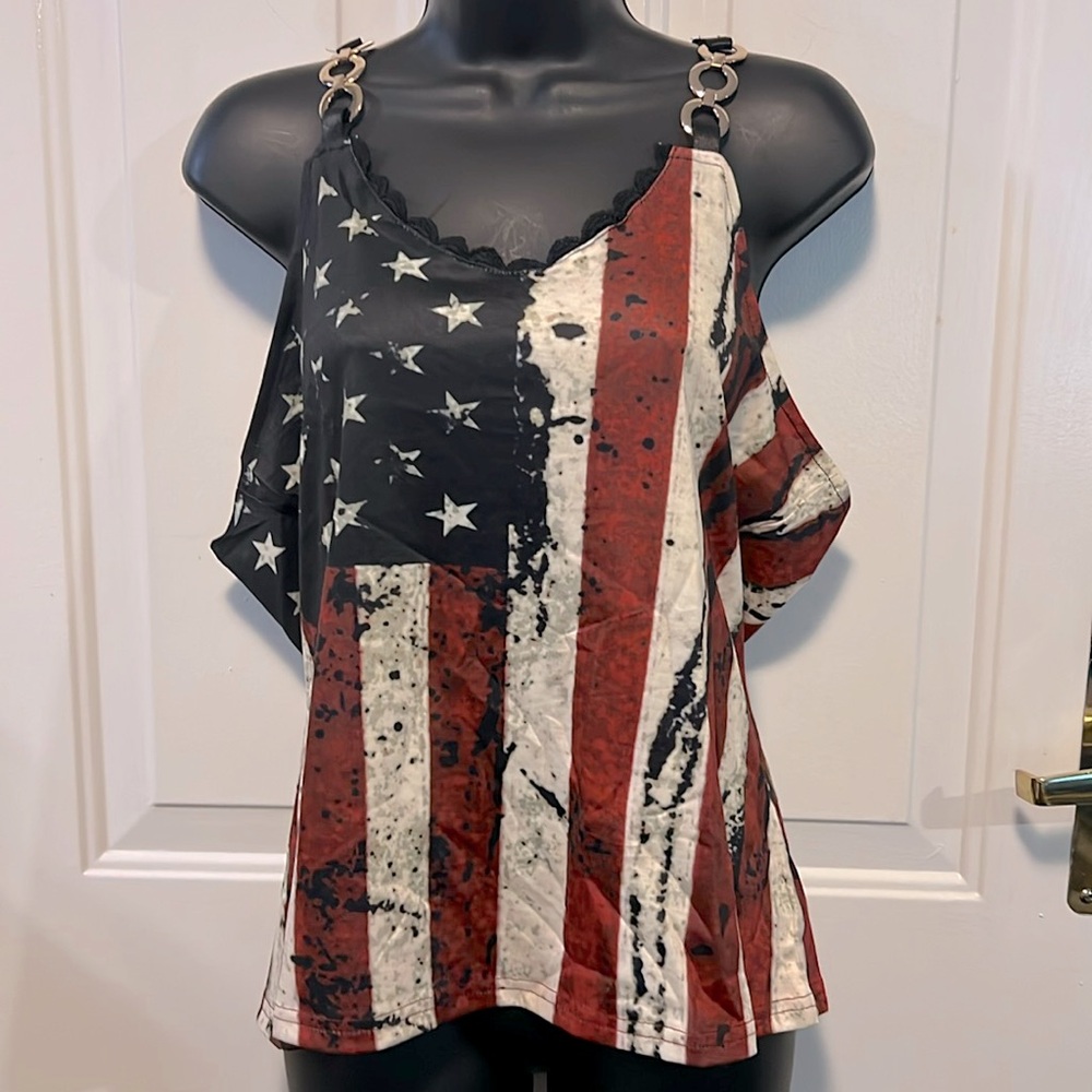 🔴 CLEARANCE 🔖 NWT PATRIOTIC USA AMERICAN FLAG 🇺🇸 EMBELLISHED TANK TOP Women XL